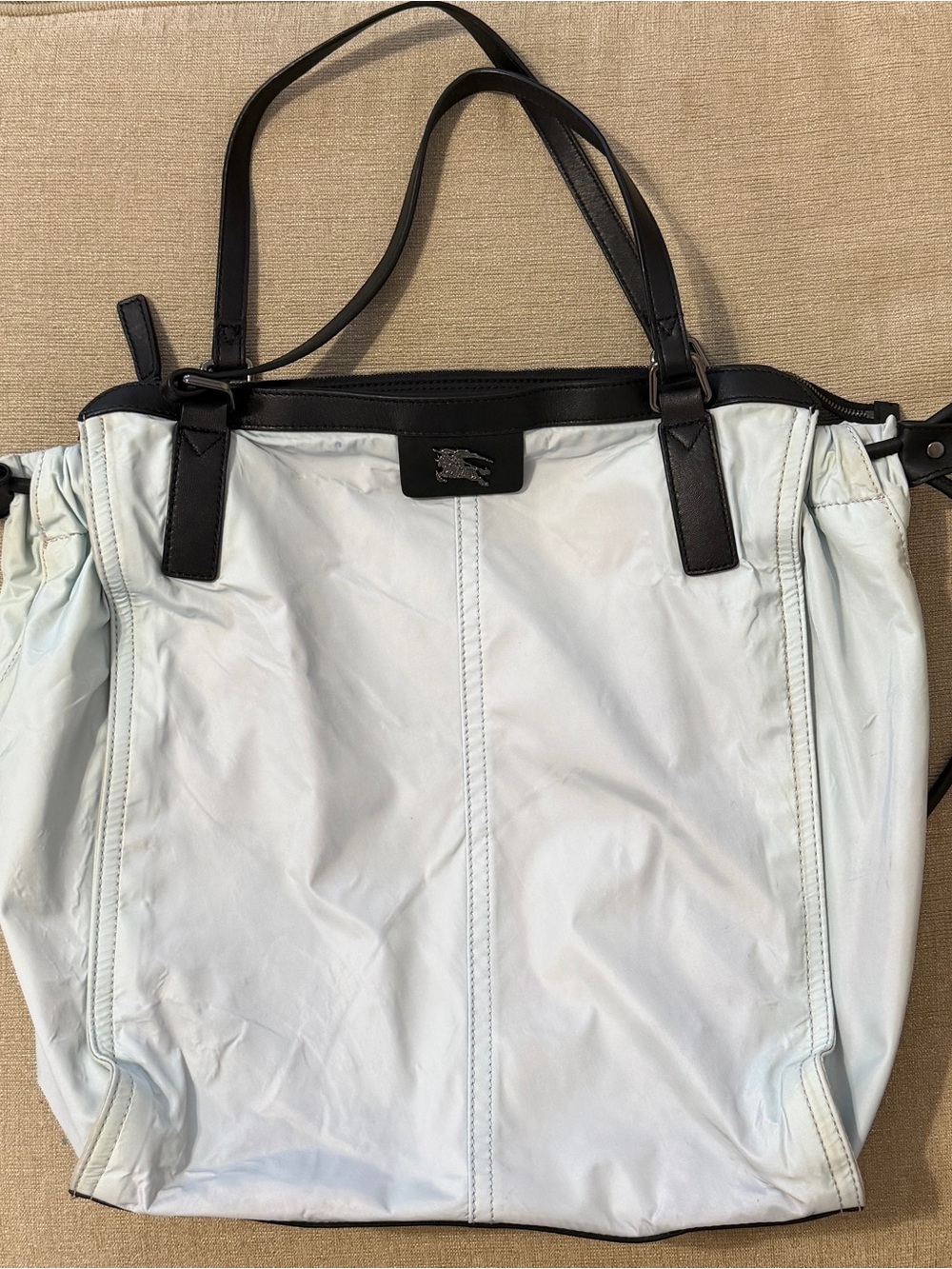 Burberry Light Blue Tote with Black Trim and Handles